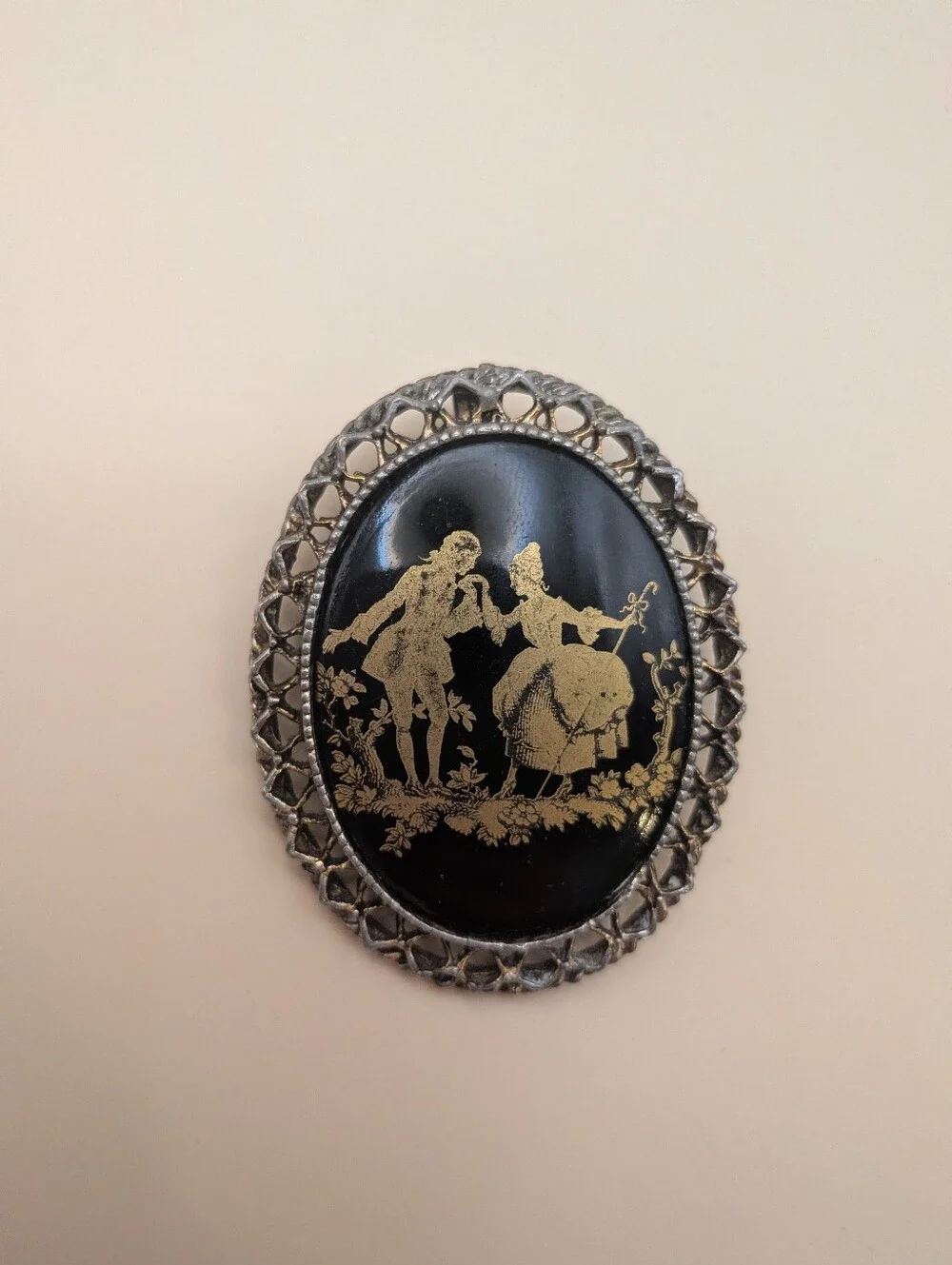 Vintage Victorian Black and Gold Romantic Silhouette Brooch Convertible Pendant